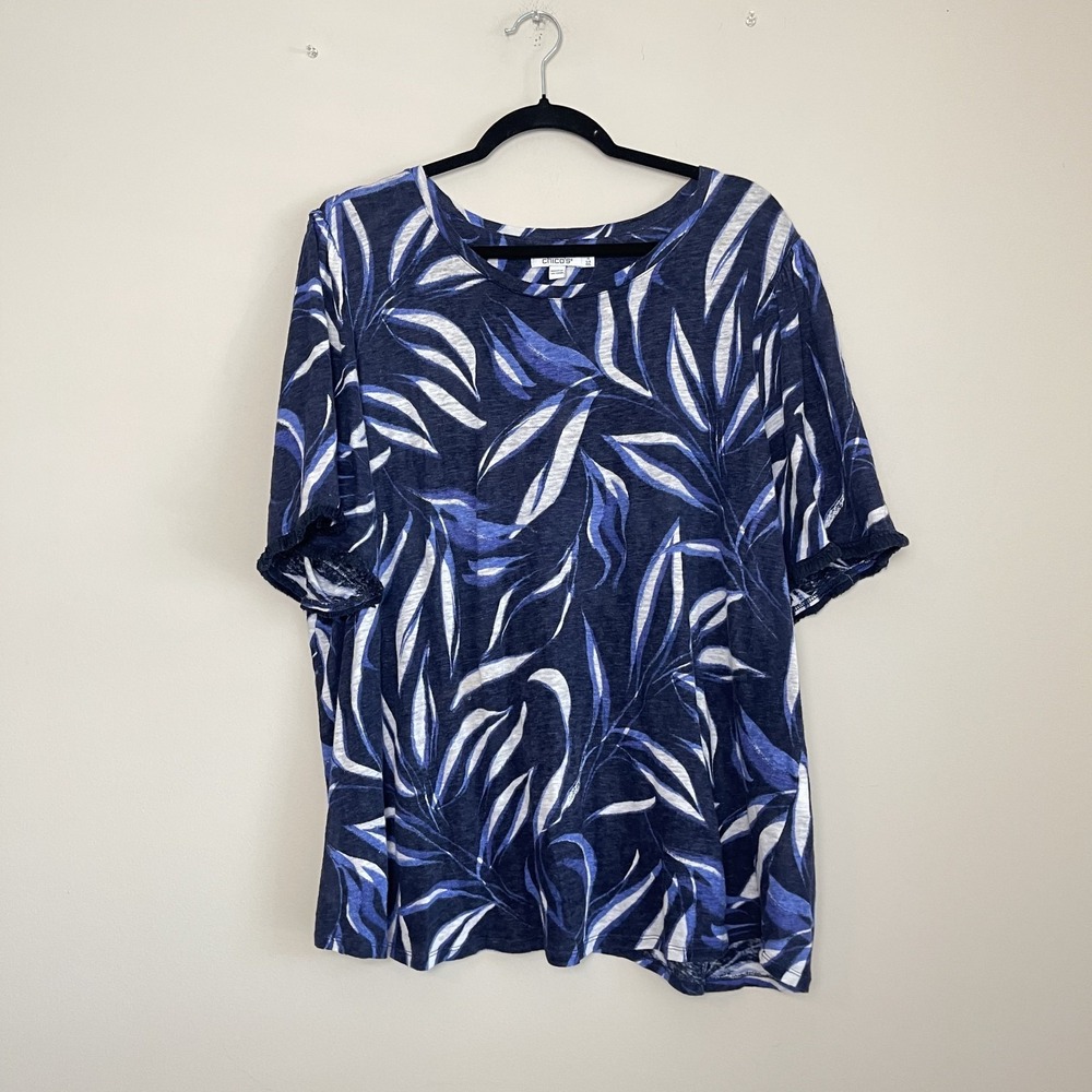 Chico's Linen Tropical Print Coastal‎ Blue Leaf Relaxed Summer Blouse Sz (4) XXL
